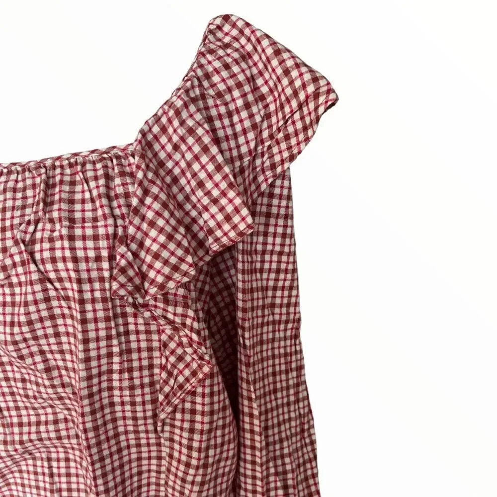 J CREW FACTORY | Dusty Ivory Brick Red | FLANNEL SQUARENECK RUFFLE TOP - Picture 10 of 11